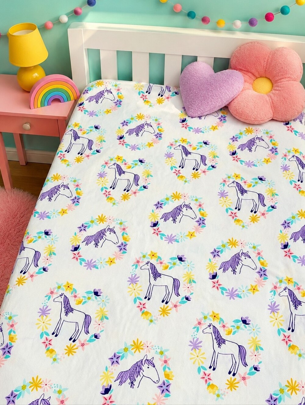 One Pillowfort Full Size Flat Sheet Horse Pony Floral Print White Purple 2016
